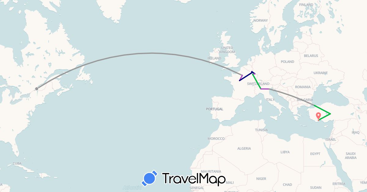 TravelMap itinerary: driving, bus, plane, train, hiking in Belgium, Canada, Germany, France, Italy, Luxembourg, Turkey (Asia, Europe, North America)